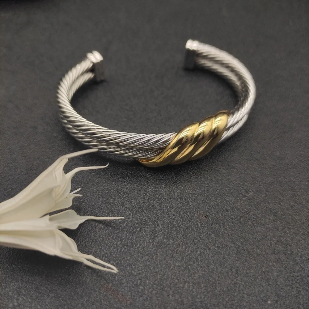 David Yurman Two-Tone Twisted Cable Cuff in Silver and Gold
